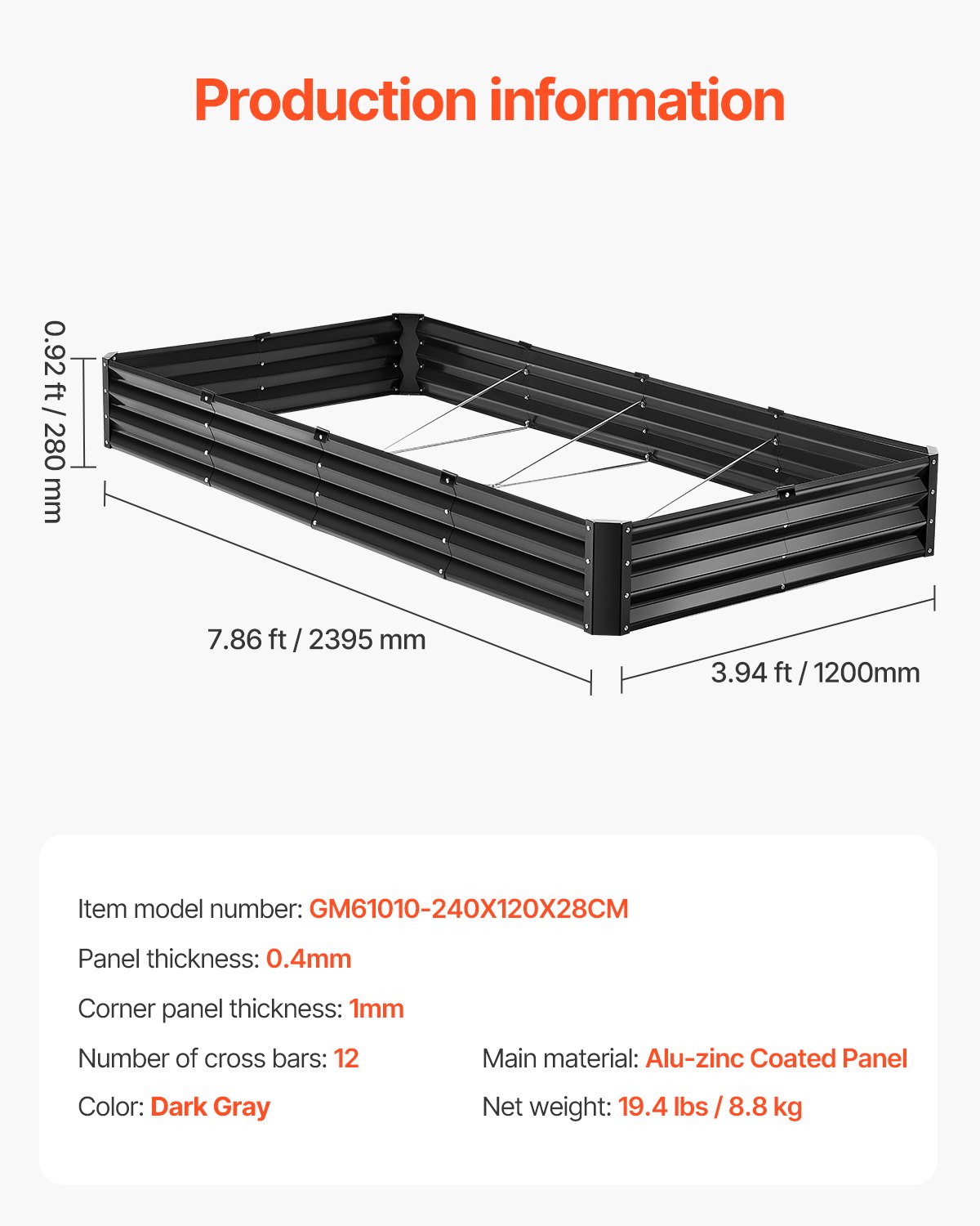 VEVOR Metal Raised Garden Bed, 8 x 4 x 1 ft Outdoor Galvanized Planter Box, with Open Bottom, Large Planter Raised Bed for Gardening Vegetables, Flowers, Herbs, and Succulent Plants, Dark Gray