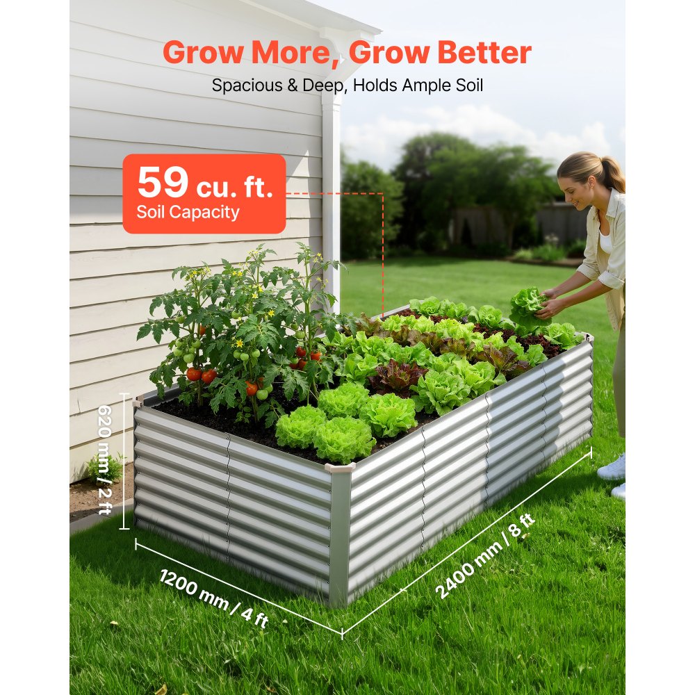 VEVOR Verhoogd tuinbed, Metaal, 240x120x62 cm, Rechthoekig tuinbed, Plantenbakset voor buiten, Groentebed met handschoenen, Bloembed zonder bodem, Plantbed voor bloemen en groenten, Zilver