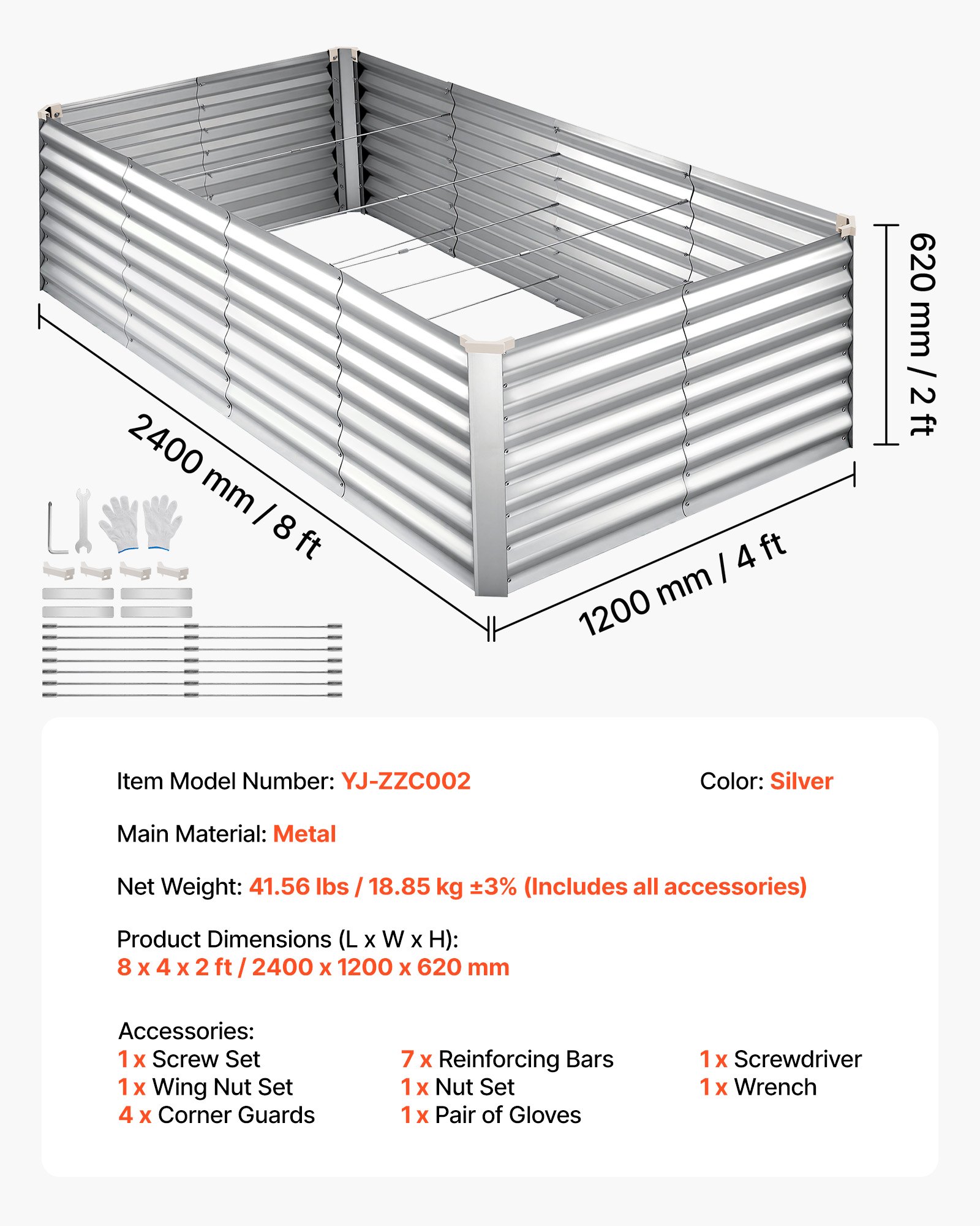 VEVOR Verhoogd tuinbed, Metaal, 240x120x62 cm, Rechthoekig tuinbed, Plantenbakset voor buiten, Groentebed met handschoenen, Bloembed zonder bodem, Plantbed voor bloemen en groenten, Zilver