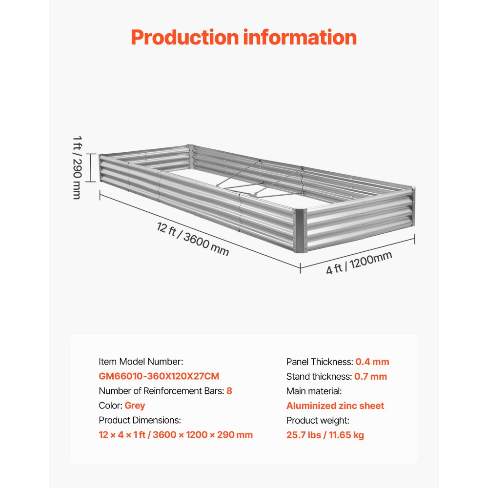 VEVOR Metal Raised Garden Bed, 12 x 4 x 1 ft Outdoor Galvalume Planter Garden Box, Open Bottom Design, Large Planter Raised Bed for Growing Vegetables, Flowers, and Succulents, Galvanized Color