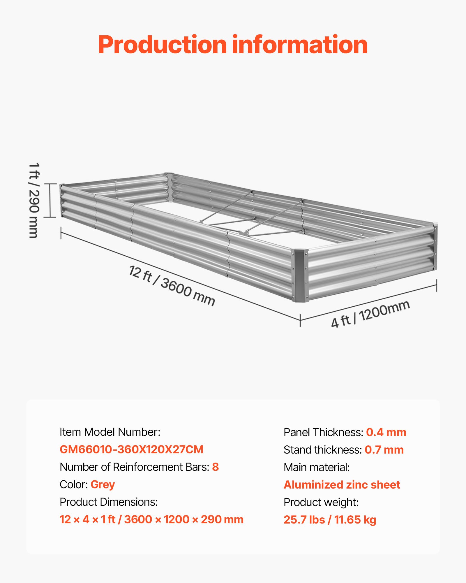 VEVOR Metal Raised Garden Bed, 12 x 4 x 1 ft Outdoor Galvalume Planter Garden Box, Open Bottom Design, Large Planter Raised Bed for Growing Vegetables, Flowers, and Succulents, Galvanized Color