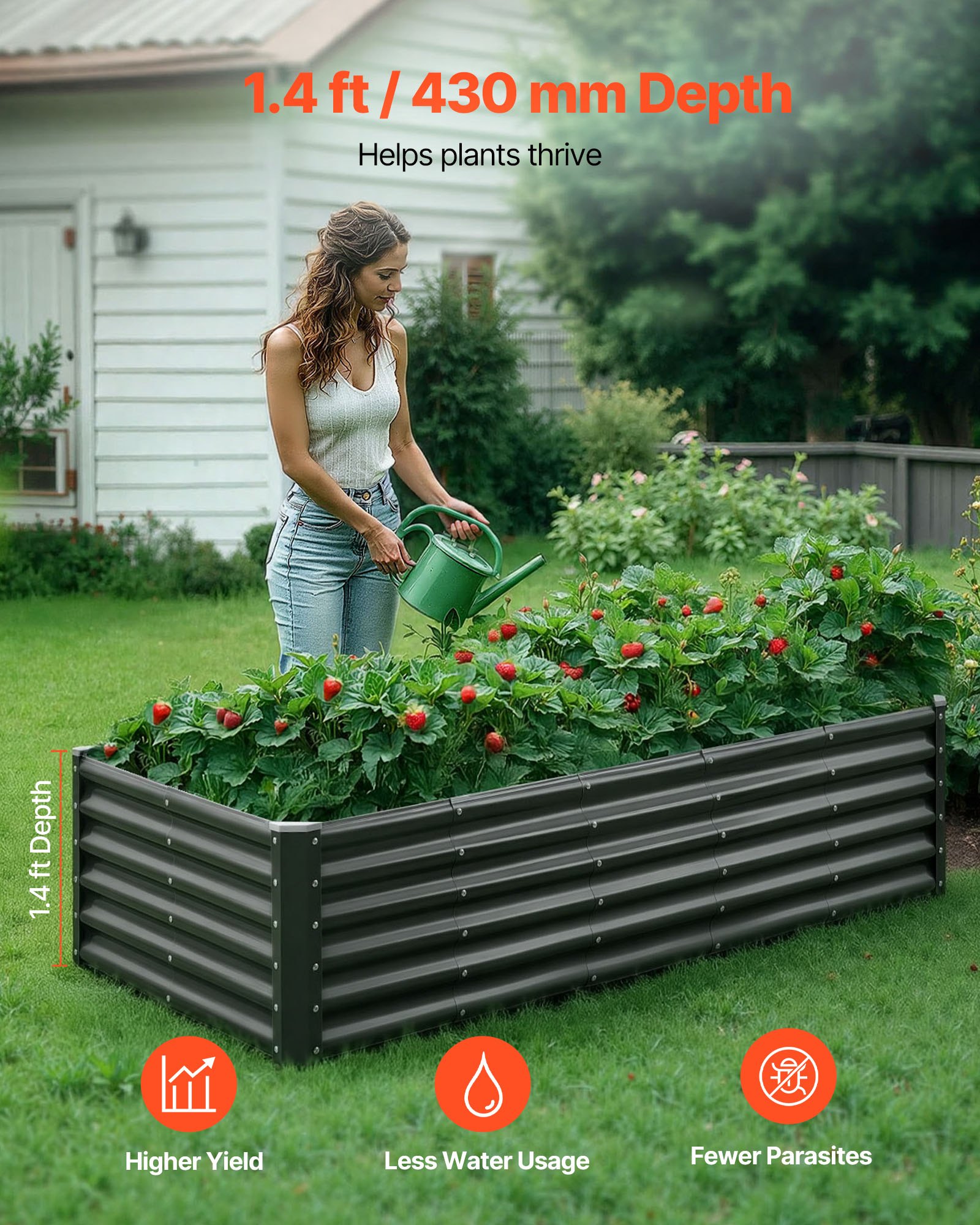 VEVOR Metal Raised Garden Bed, 6 x 3 x 1.4 ft Outdoor Galvanized Planter Garden Box, Open Bottom Design, Large Planter Raised Bed for Growing Vegetables, Flowers, Herbs, and Succulents, Dark Gray
