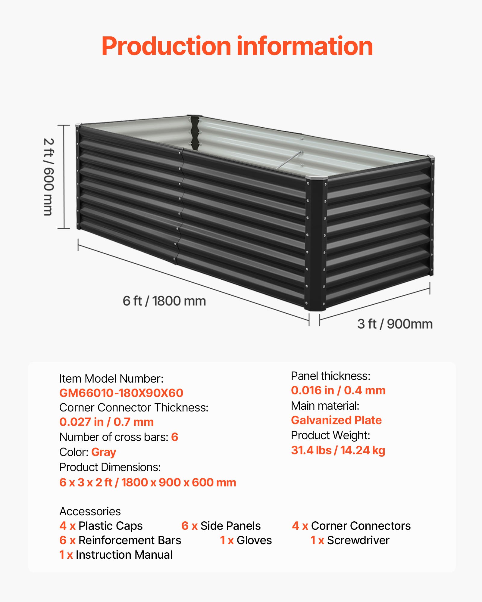 VEVOR Verhoogd Tuinbed, Metaal, 1800x900x600 mm, Plantbed, Groentebed, Plantenbak met Open Bodem & Afgeronde Randen, Bloembed, Kruidenbed, Ideaal voor Groenten, Bloemen, Kruiden & Vetplanten