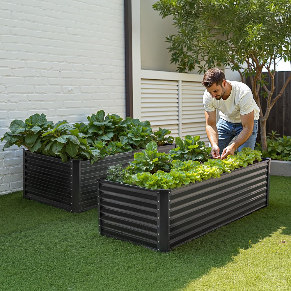 VEVOR Metalen verhoogde bak, 1800x895x600mm, gegalvaniseerde buitenbak met open bodem, grote groentebak voor het kweken van groenten, bloemen, kruiden en vetplanten, donkergrijs