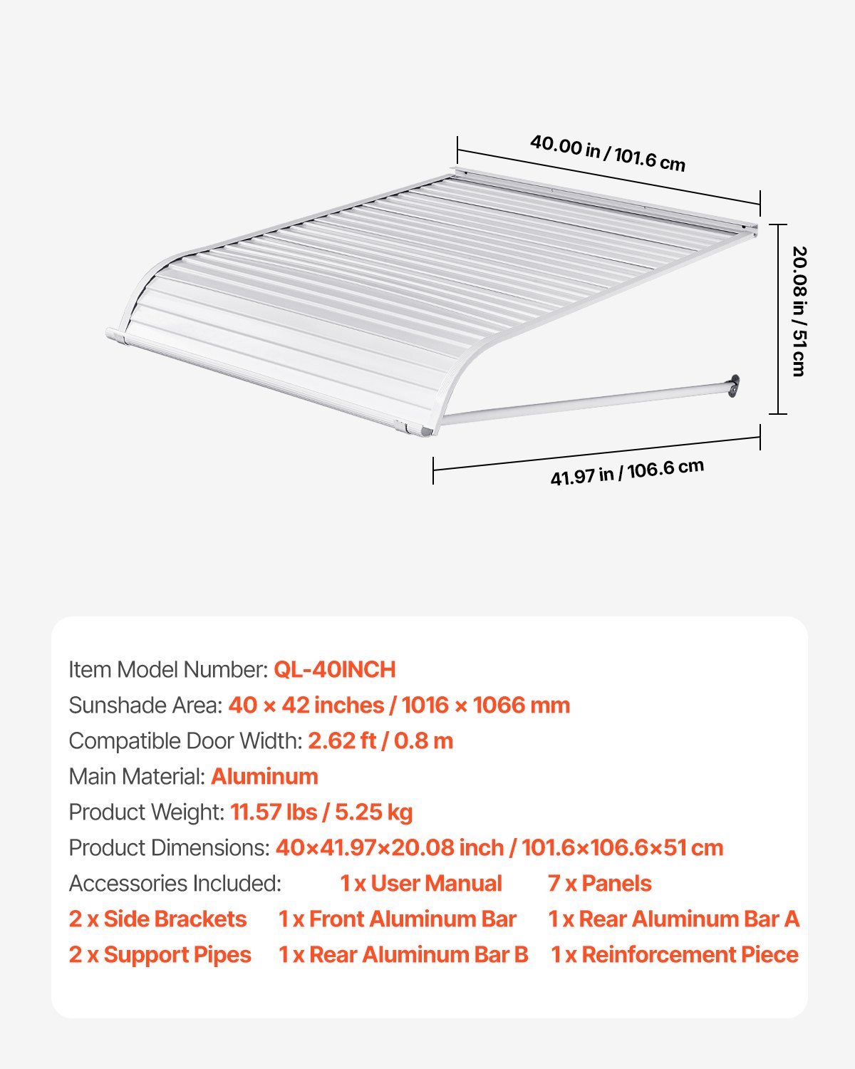 VEVOR Aluminum Awning 40 x 42 in, Durable Window Awning Door Canopy, Lightweight and Stable Aluminum Exterior Awnings Rain Snow Sunlight Protection for Door Entrance Windows Patio Porch