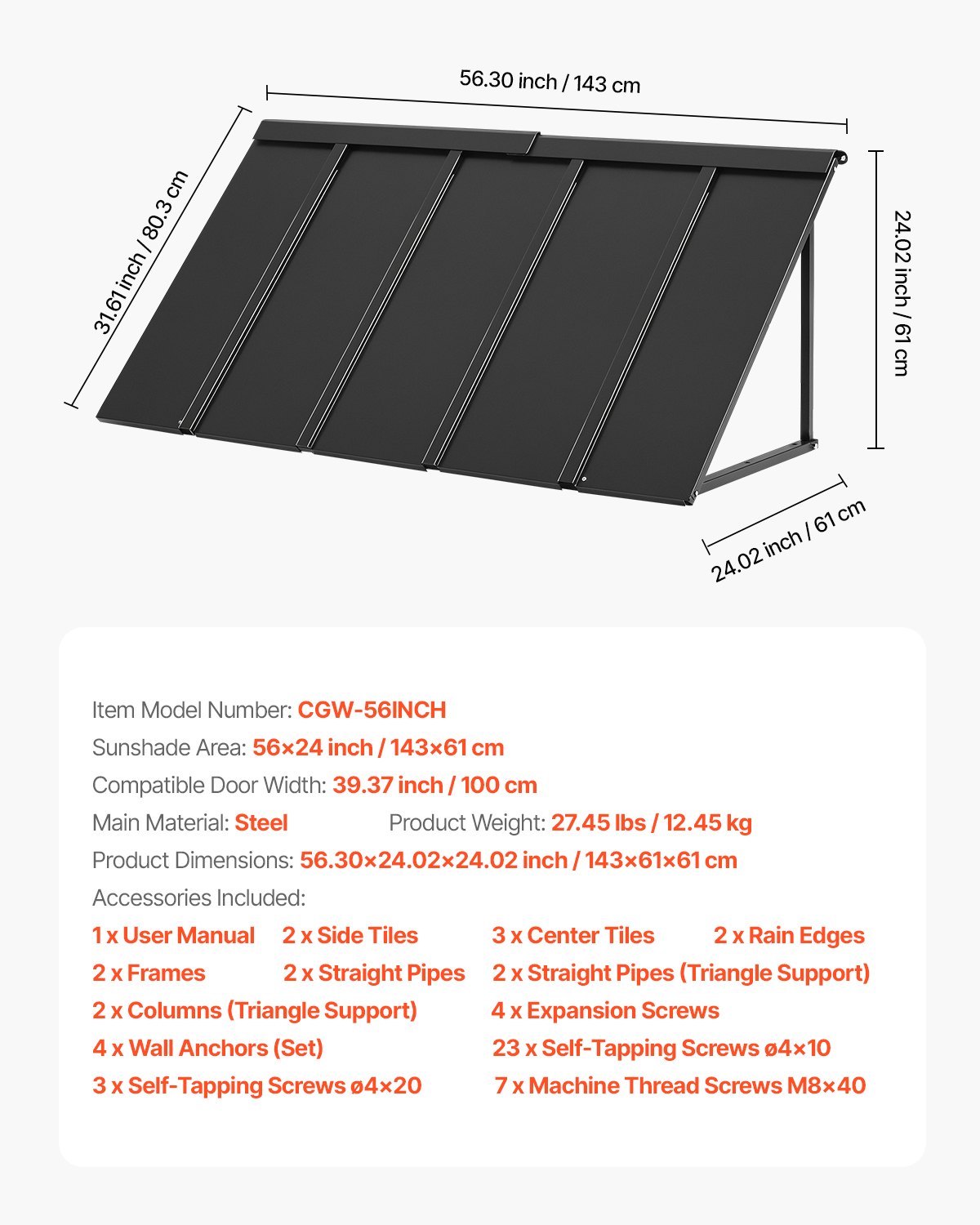 VEVOR Fixed Metal Awning 56 x 24 in, Window Awning Door Canopy, Stable Triangle Steel Frame Awnings for Doors Exterior Rain, and Snow Sunlight Protection for Door Entrance, Windows, Porches, Balconies