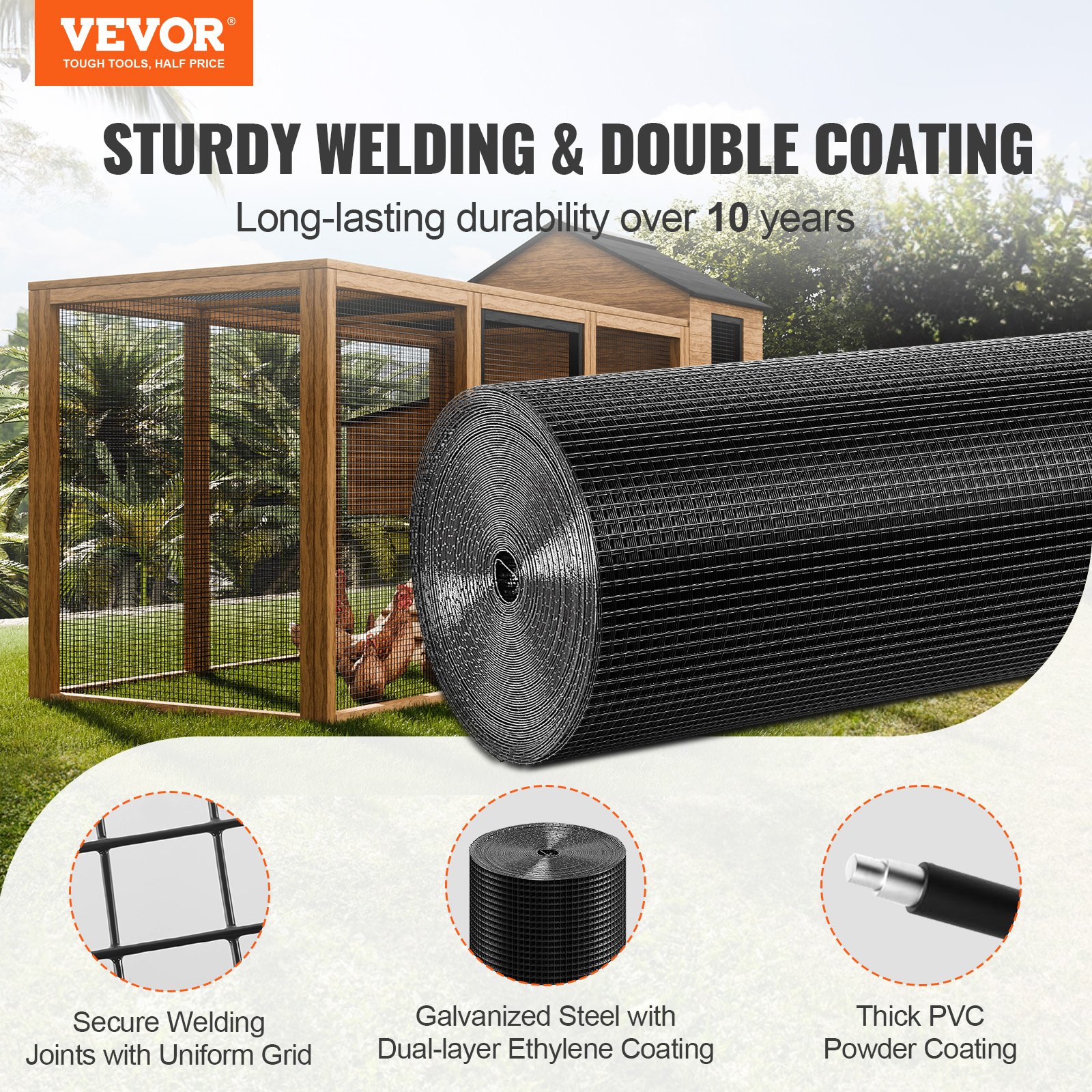 VEVOR 910 x 15240 mm gegalvaniseerd draadhekwerk, 19 gauge kettingschakelhekwerk op rol, vinyl gecoat metaaldraadgaas voor kippenhokken, konijnen- en slangenhekken, pluimveeomheiningen