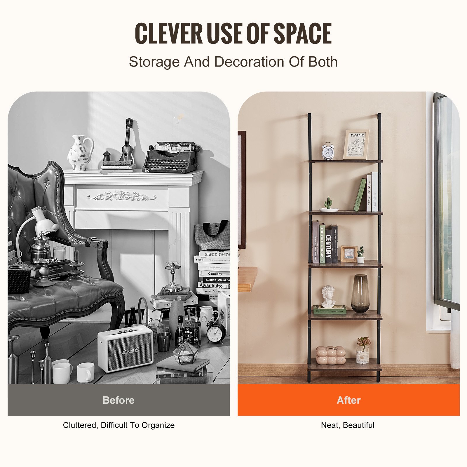 VEVOR Ladderplank met metalen frame, 5 niveaus, wandgemonteerde boekenplank, 48 x 30 cm, opbergplank, zwevende plank, houder voor kleine spullen voor keuken, slaapkamer, badkamer, woonkamer, zwart