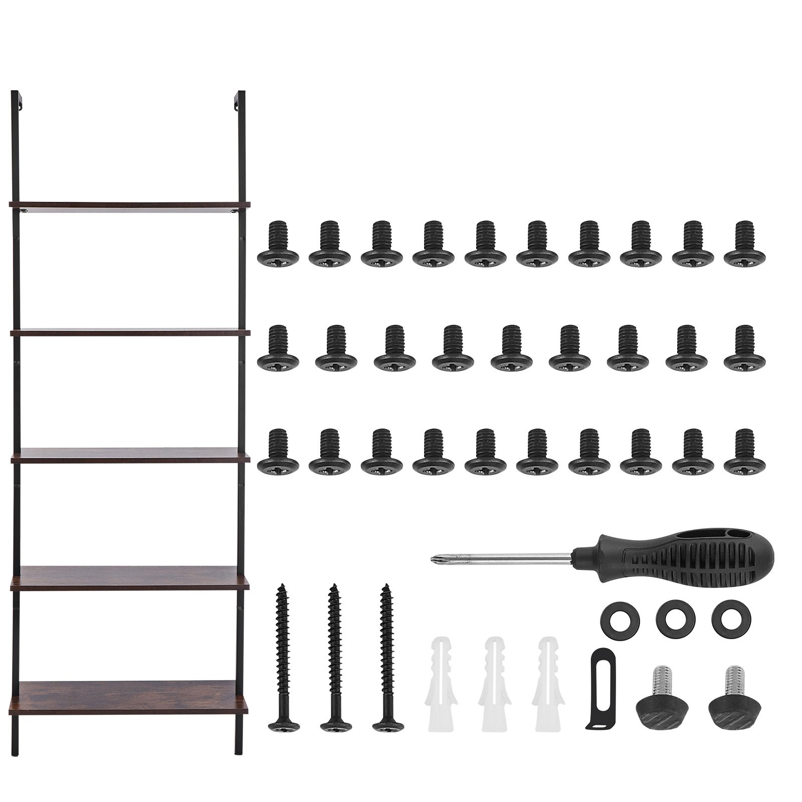 VEVOR Ladderplank met metalen frame, 5 niveaus, wandgemonteerde boekenplank, 64x30 cm, zwevende houten planken, opbergrek, houder voor kleine spullen voor keuken, slaapkamer, badkamer, woonkamer, zwart