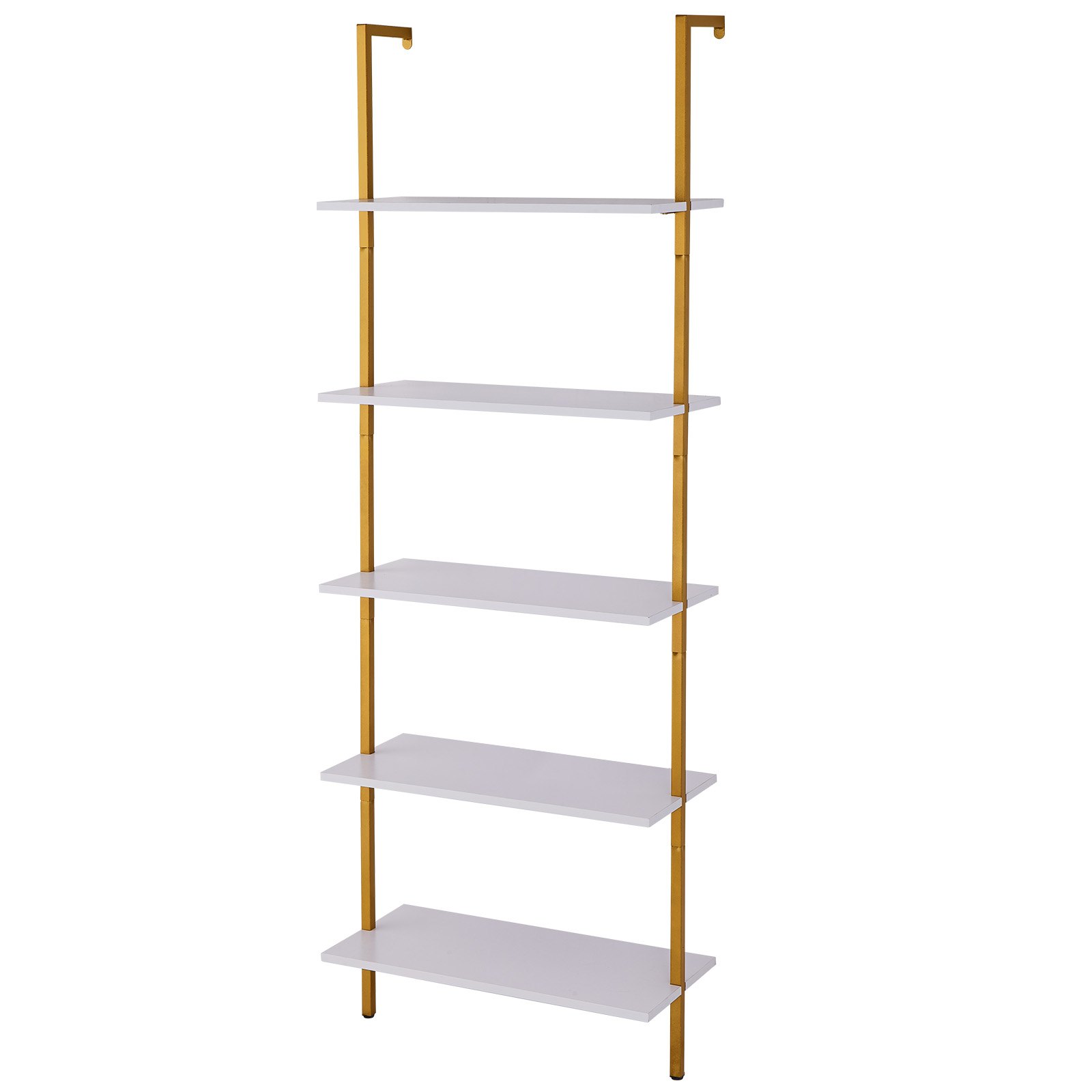 VEVOR Ladder Shelf, 5-Tier Bookshelf 24x11.8in, Open Wall-Mounted Ladder Shelf with Metal Frame,Storage Rack Sundries Holder for Kitchen Bedroom Bathroom Living Room, Gold White