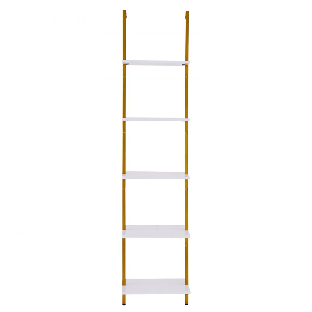 VEVOR Ladder Shelf, 5-Tier Bookshelf 15.6x11.8in, Open Wall-Mounted Ladder Shelf with Metal Frame,Storage Rack Sundries Holder for Kitchen Bedroom Bathroom Living Room, Gold White