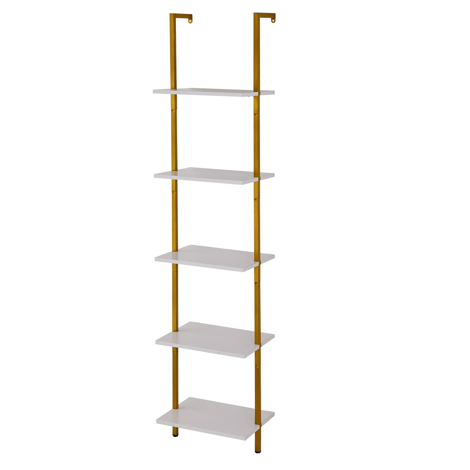 VEVOR Ladder Shelf, 5-Tier Bookshelf 15.6x11.8in, Open Wall-Mounted Ladder Shelf with Metal Frame,Storage Rack Sundries Holder for Kitchen Bedroom Bathroom Living Room, Gold White