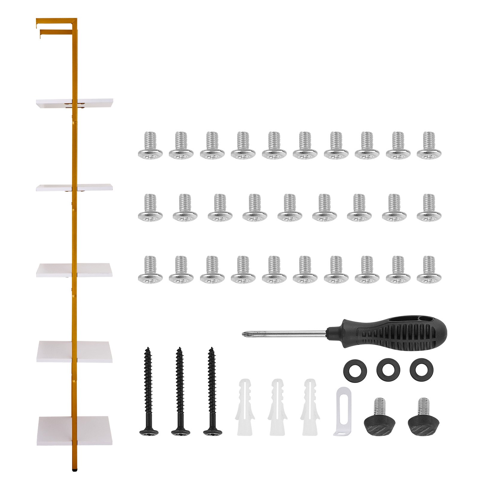 VEVOR Ladder Shelf, 5-Tier Bookshelf 15.6x11.8in, Open Wall-Mounted Ladder Shelf with Metal Frame,Storage Rack Sundries Holder for Kitchen Bedroom Bathroom Living Room, Gold White