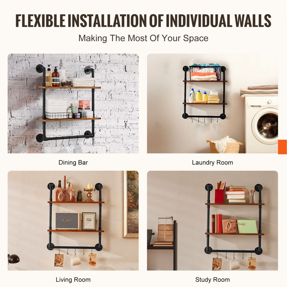 VEVOR Industriële pijpenplank, 2-laags, 61 x 20 cm, zwevende rustieke houten wandplanken, beugel, opbergrek, houder voor kleine spullen voor keuken, slaapkamer, badkamer, woonkamer, zwart