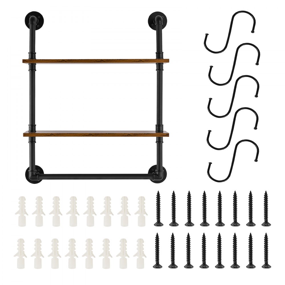 VEVOR Industriële pijpenplank, 2-laags, 61 x 20 cm, zwevende rustieke houten wandplanken, beugel, opbergrek, houder voor kleine spullen voor keuken, slaapkamer, badkamer, woonkamer, zwart