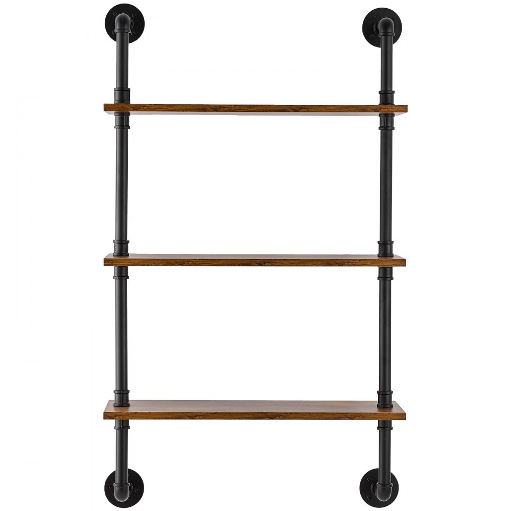 VEVOR Industrial Pipe Shelf, 3 Tier 24x7.87in, Wall-Mount Floating Rustic Wood Shelves Bracket Display Bookshelf, Storage Rack Sundries Holder for Kitchen Bedroom Bathroom Living Room, Black