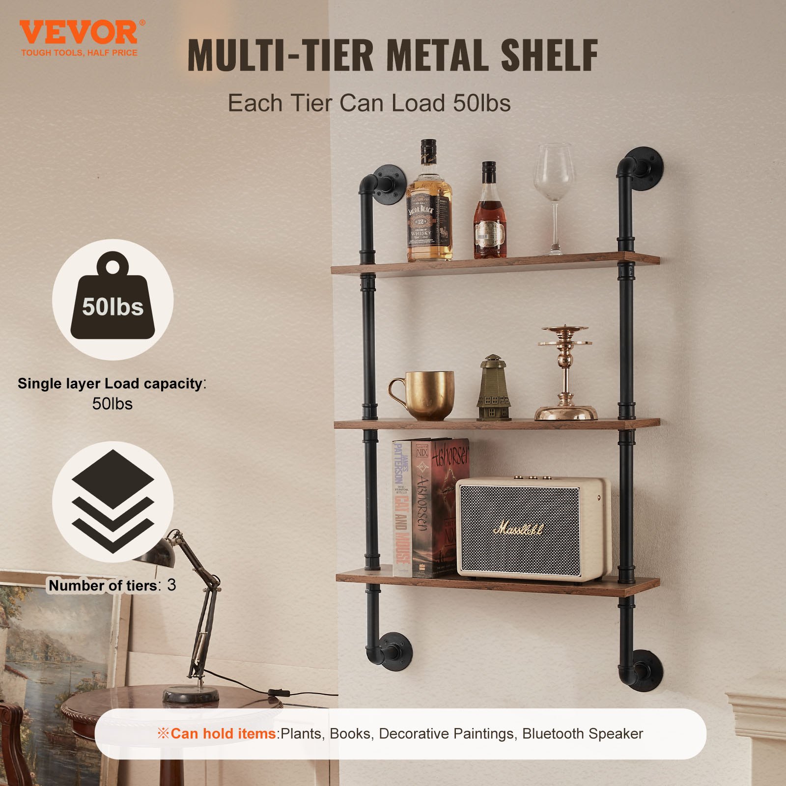 VEVOR Industrial Pipe Shelf, 3 Tier 24x7.87in, Wall-Mount Floating Rustic Wood Shelves Bracket Display Bookshelf, Storage Rack Sundries Holder for Kitchen Bedroom Bathroom Living Room, Black