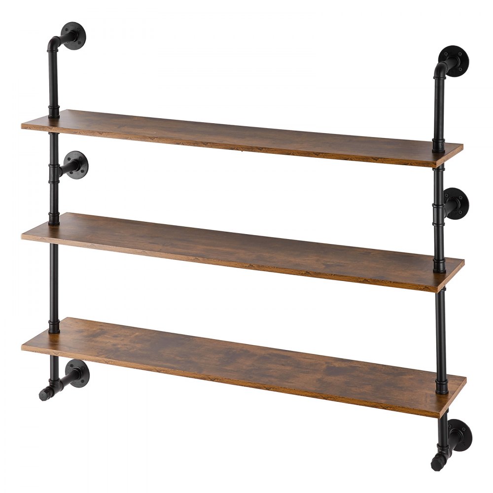 VEVOR Industrial Pipe Shelf, 3 Tier 48x9.84in, Wall-Mount Floating Rustic Wood Shelves Bracket Display Bookshelf, Storage Rack Sundries Holder for Kitchen Bedroom Bathroom Living Room, Black