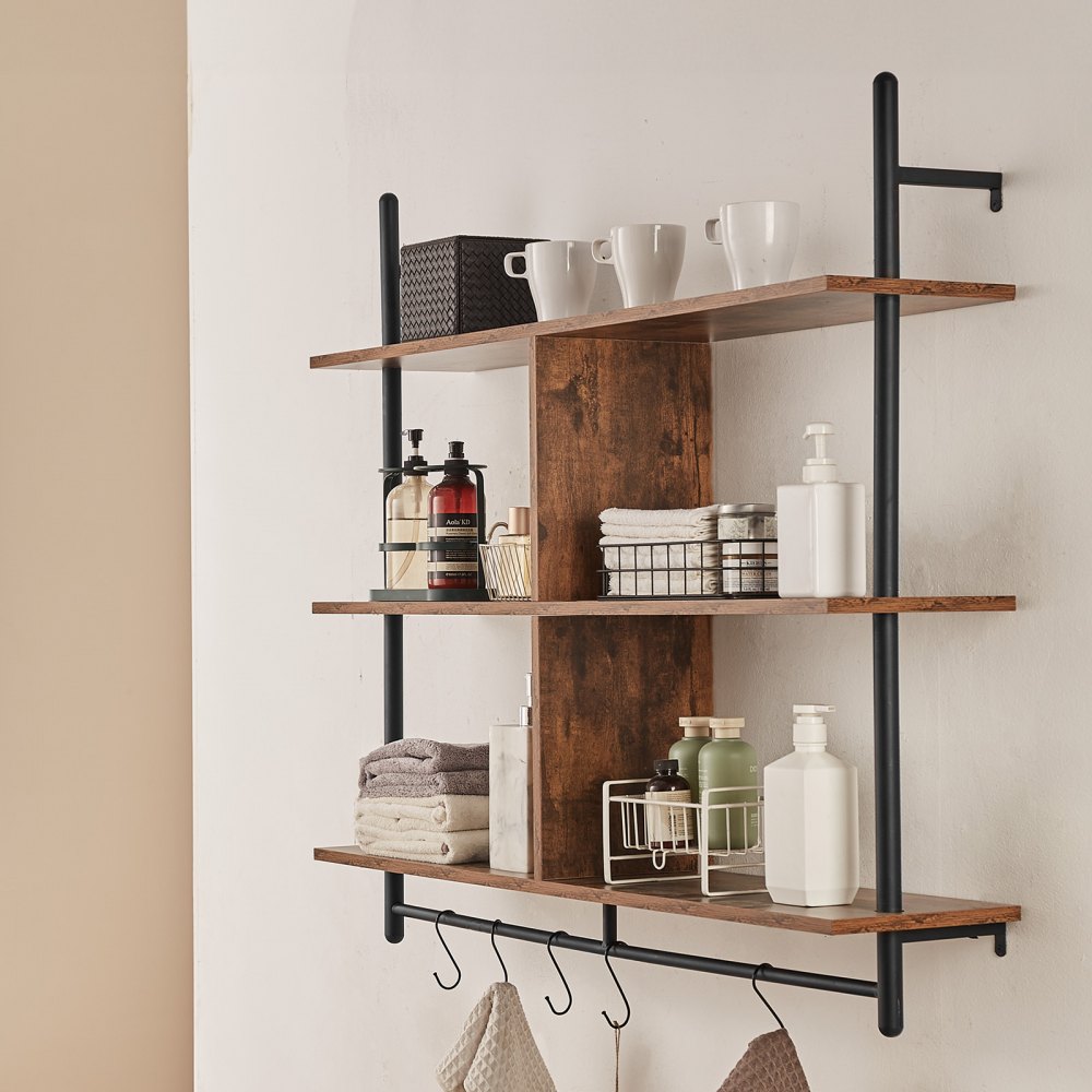 VEVOR Industrial Pipe Shelf, 3 Tier 41.5x9.84in, Wall-Mount Floating Rustic Wood Shelves Bracket Display Bookshelf, Storage Rack Sundries Holder for Kitchen Bedroom Bathroom Living Room, Black