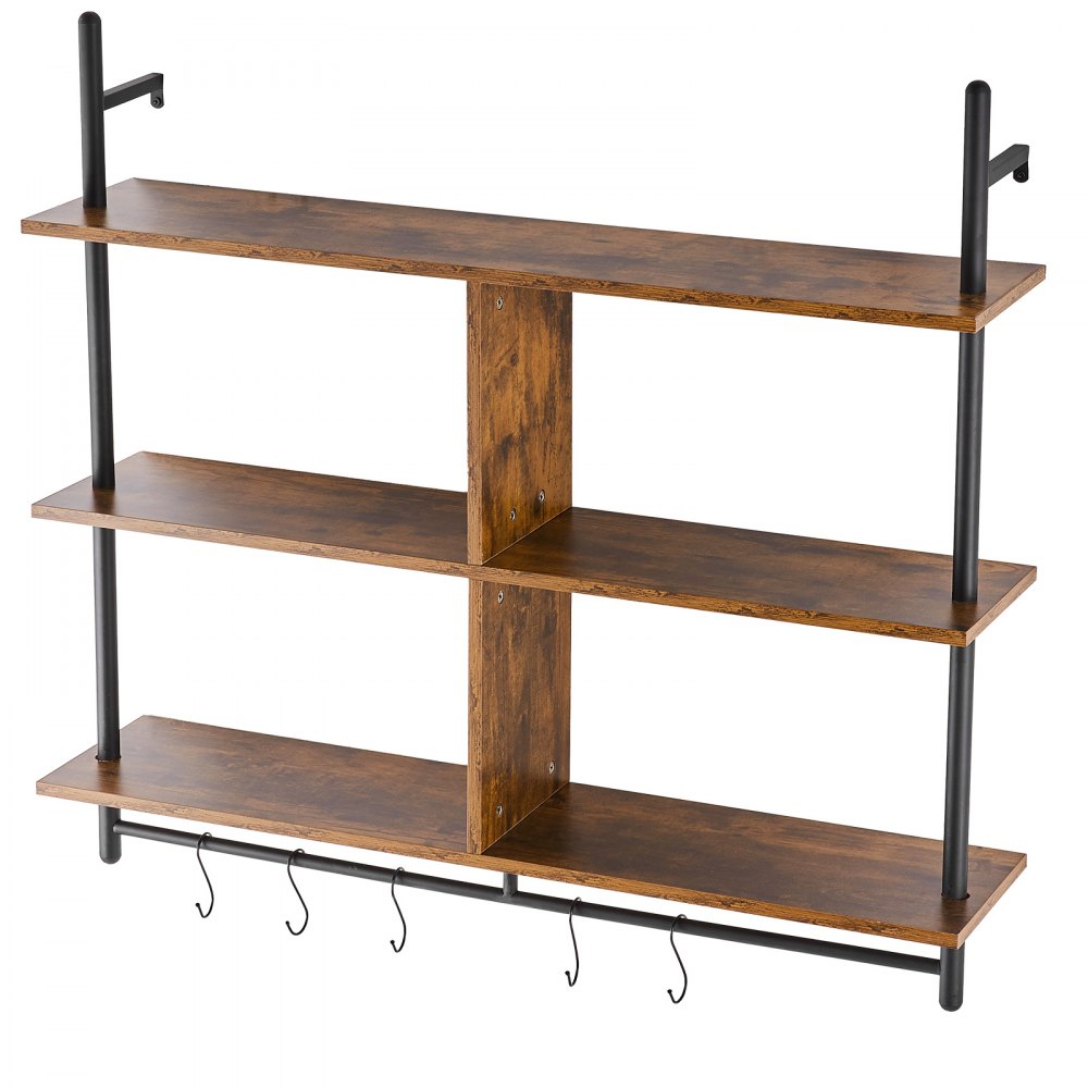 VEVOR Industrial Pipe Shelf, 3 Tier 41.5x9.84in, Wall-Mount Floating Rustic Wood Shelves Bracket Display Bookshelf, Storage Rack Sundries Holder for Kitchen Bedroom Bathroom Living Room, Black