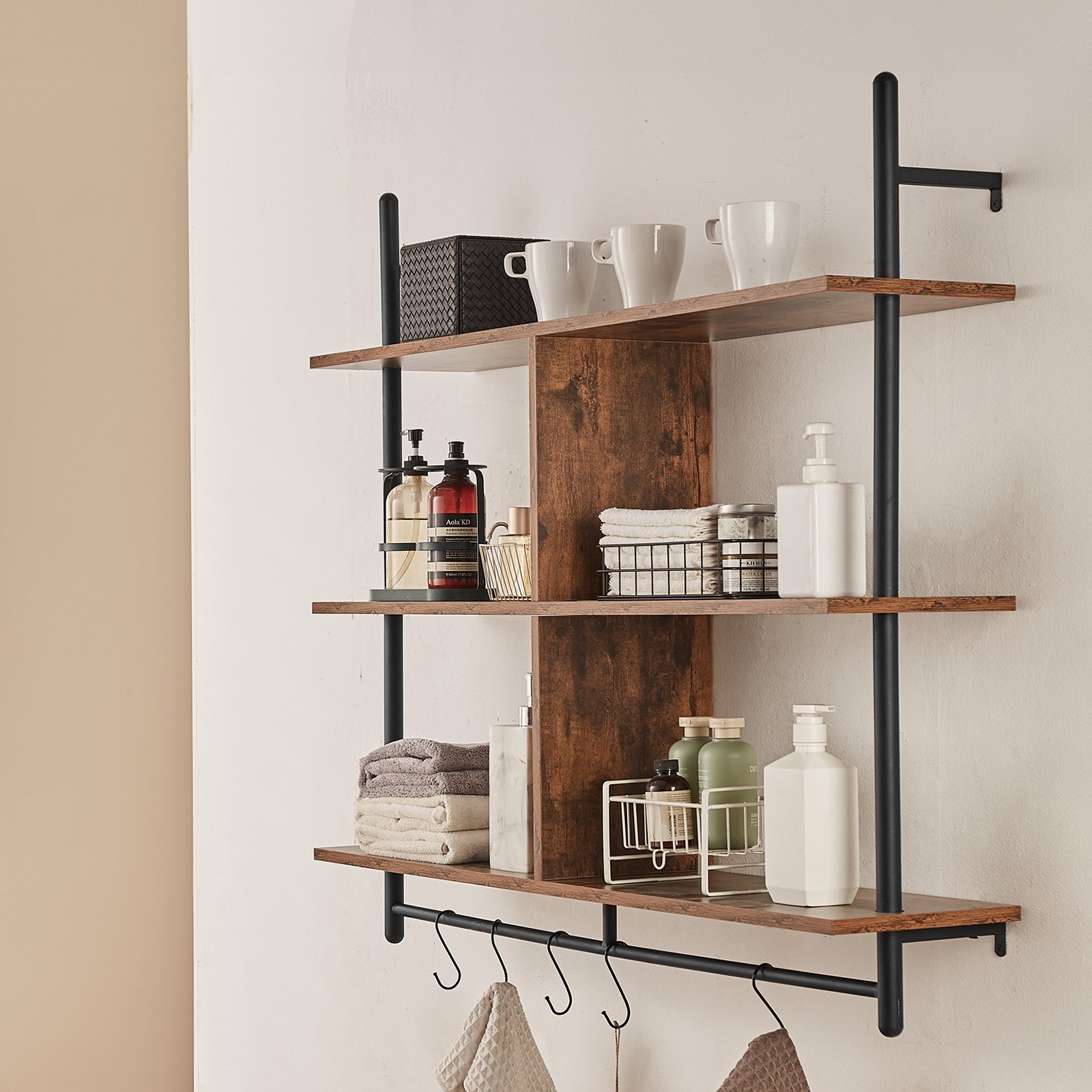 VEVOR Industrial Pipe Shelf, 3 Tier 41.5x9.84in, Wall-Mount Floating Rustic Wood Shelves Bracket Display Bookshelf, Storage Rack Sundries Holder for Kitchen Bedroom Bathroom Living Room, Black