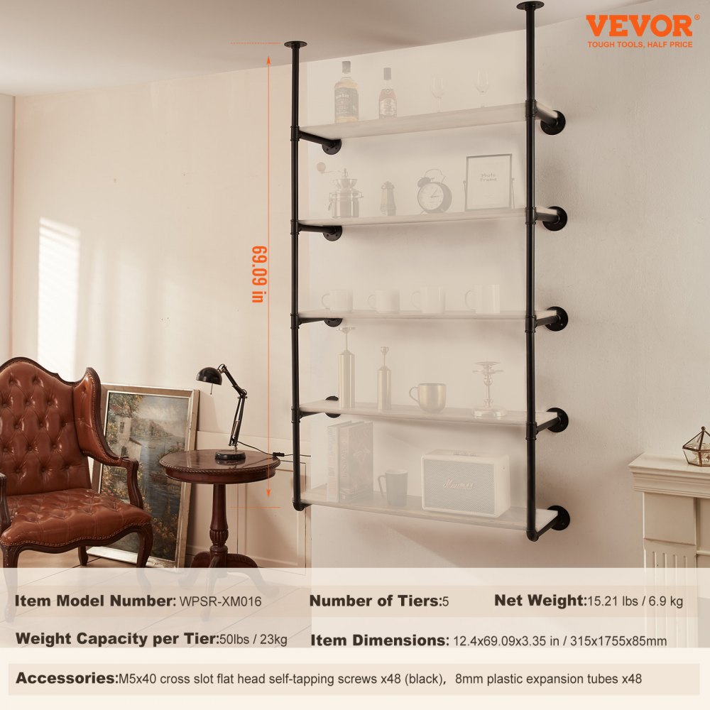 VEVOR Industrial Pipe Shelf, 5 Tier 2PCS, 9.84in Applicable Board Width Wall-Mount Floating Rustic Wood Shelves Bracket Bookshelf,Storage Holder for Kitchen Bedroom Bathroom, (Planks NOT Included)