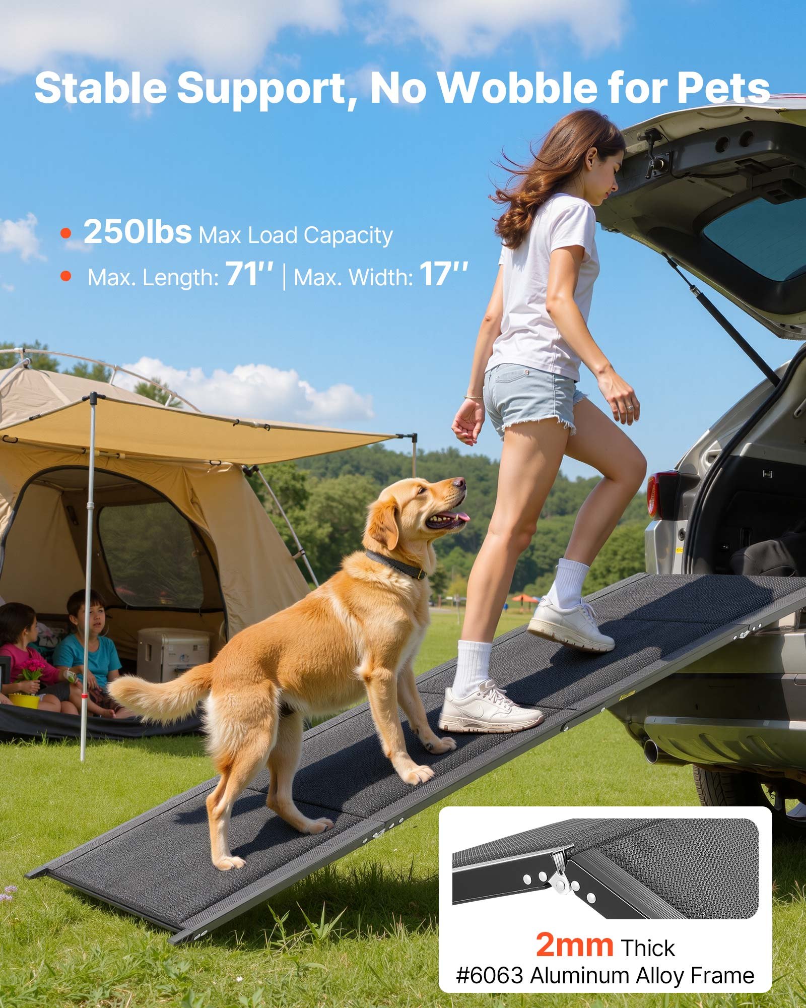 VEVOR Hondenhelling, 180 x 43,2 cm, Opvouwbare hondenhelling voor in de auto voor middelgrote en grote honden tot 113 kg, Instaphulp met antislip Oxford-stofoppervlak, Draagbare hondentrap voor SUV's en vrachtwagens