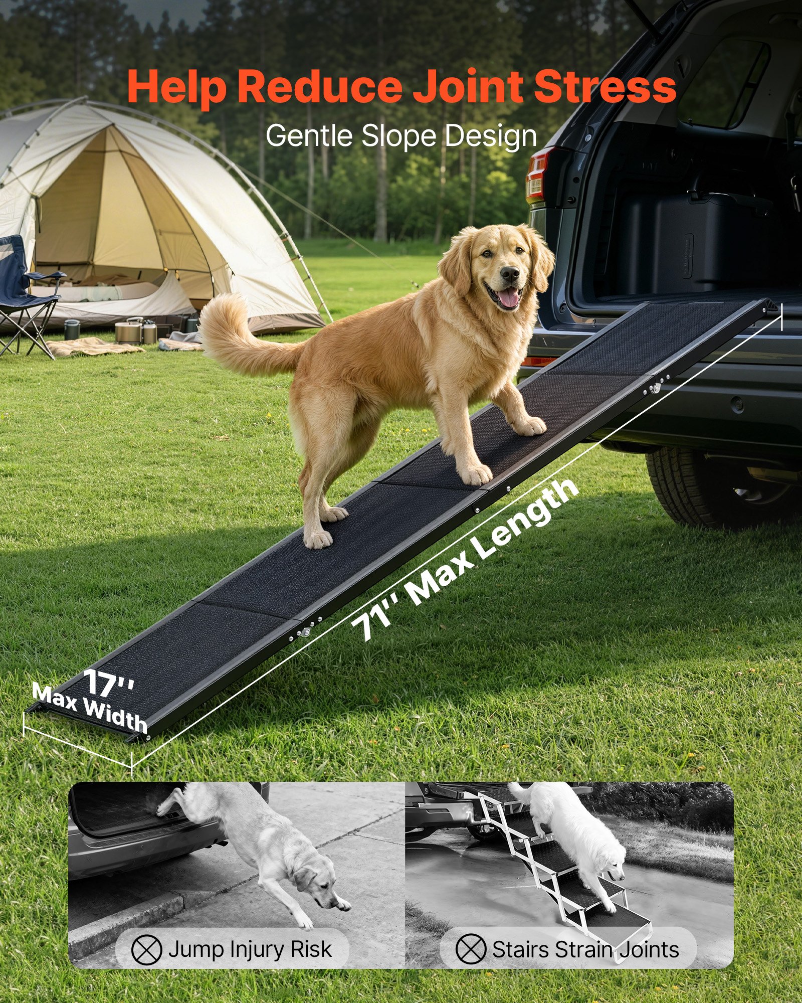 VEVOR Hondenhelling, 180 x 43,2 cm, Opvouwbare hondenhelling voor in de auto voor middelgrote en grote honden tot 113 kg, Instaphulp met antislip Oxford-stofoppervlak, Draagbare hondentrap voor SUV's en vrachtwagens
