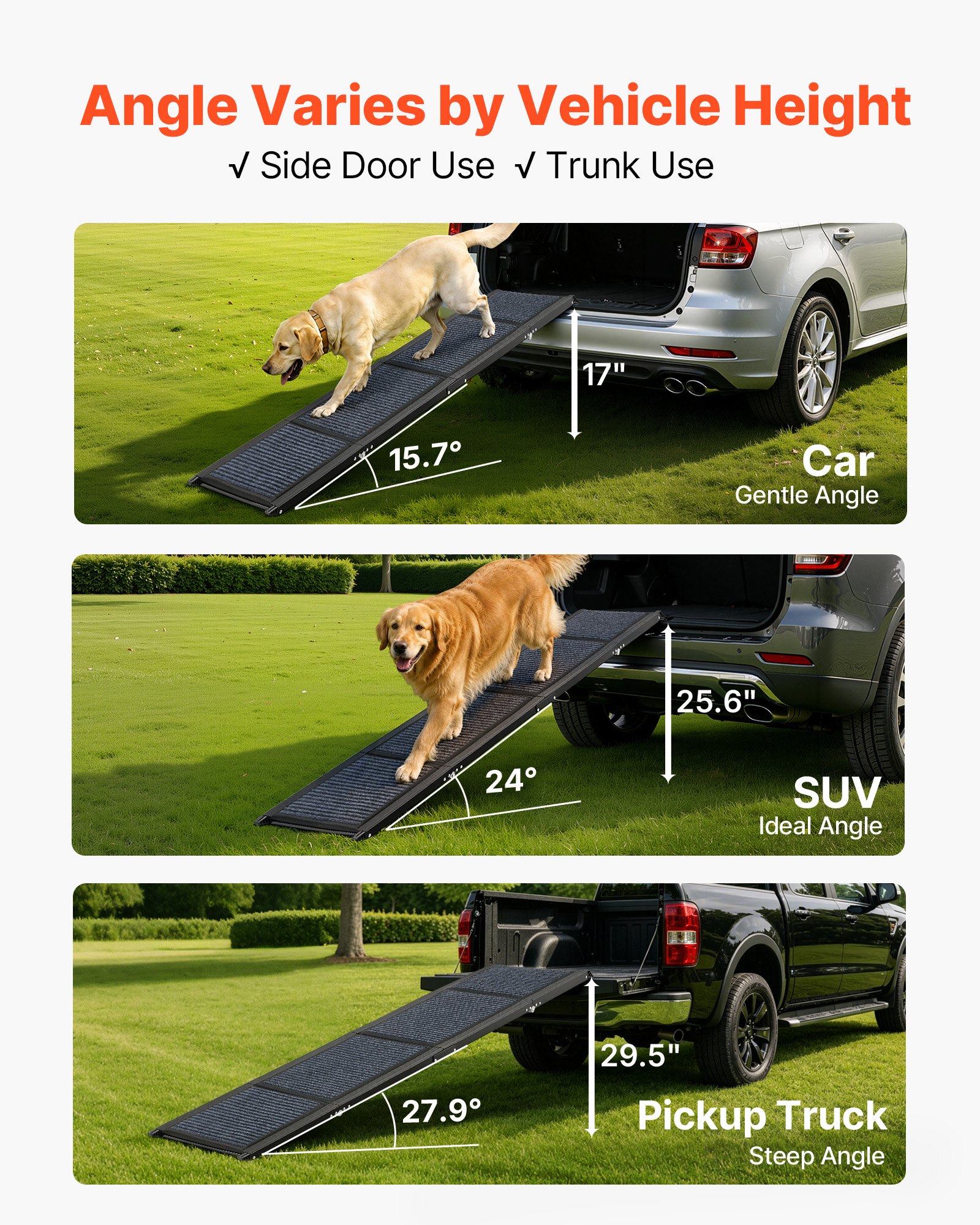 VEVOR Hondenhelling, 160 x 43,2 cm, Opvouwbare hondenhelling voor in de auto voor middelgrote en grote honden tot 113 kg, Hondentrap met antislip vilten tapijt, Draagbare instaphulp voor SUV's en vrachtwagens