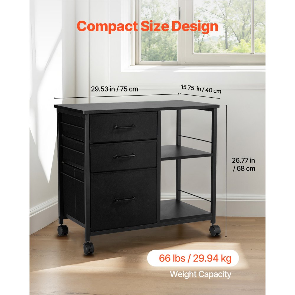 VEVOR Archiefkast met 3 stoffen laden, mobiele container met 2 open planken, opbergkast voor kantoorbenodigdheden, printerdocumenten (zwart, 75 x 40 x 68 cm)