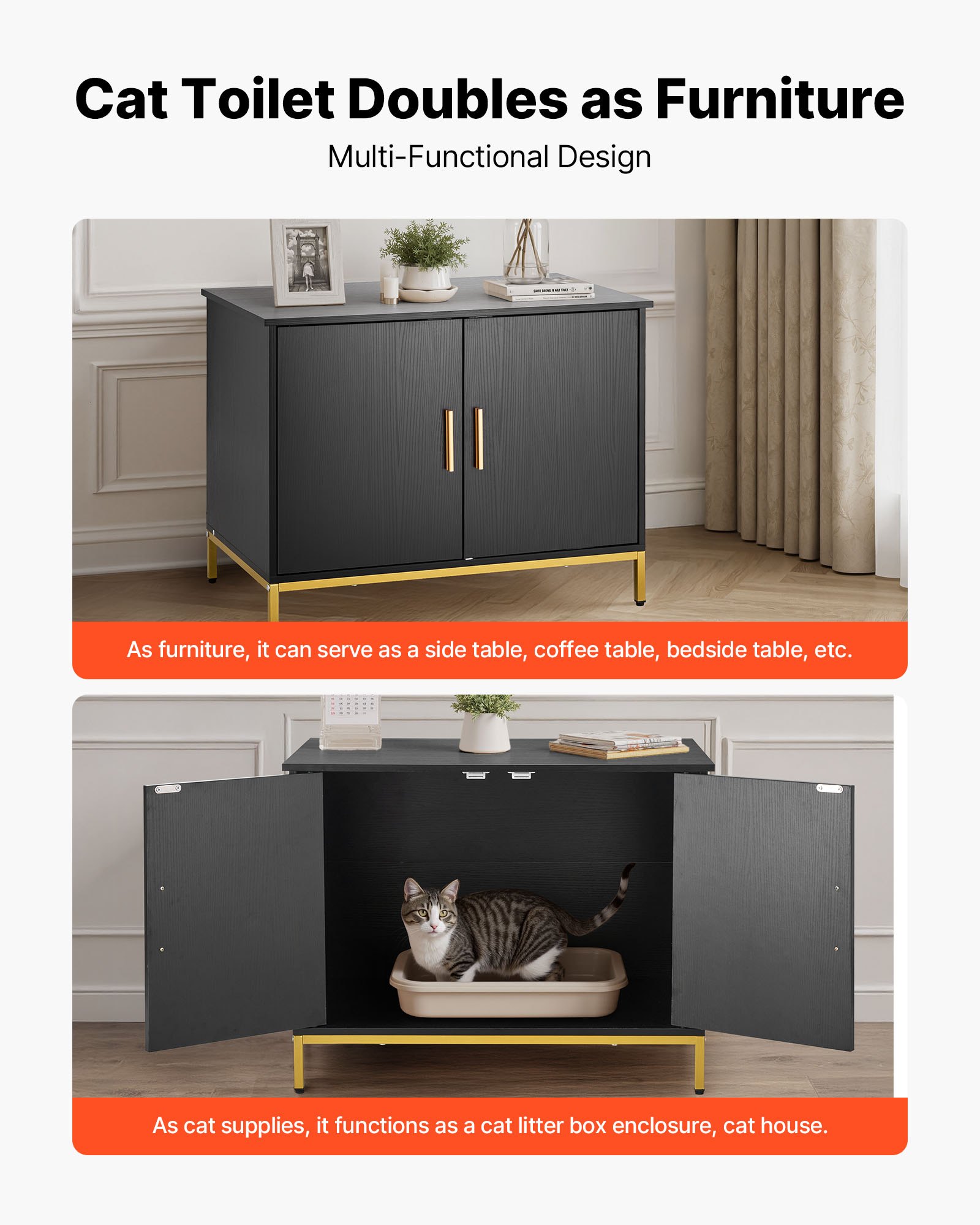 VEVOR Kattenkast, 700x450x545 mm, Kattenbak met metalen poten en handvat, Kattenbakkast, Kattenhuis geschikt voor de meeste kattenbakken, voor slaapkamer en woonkamer, Zwart