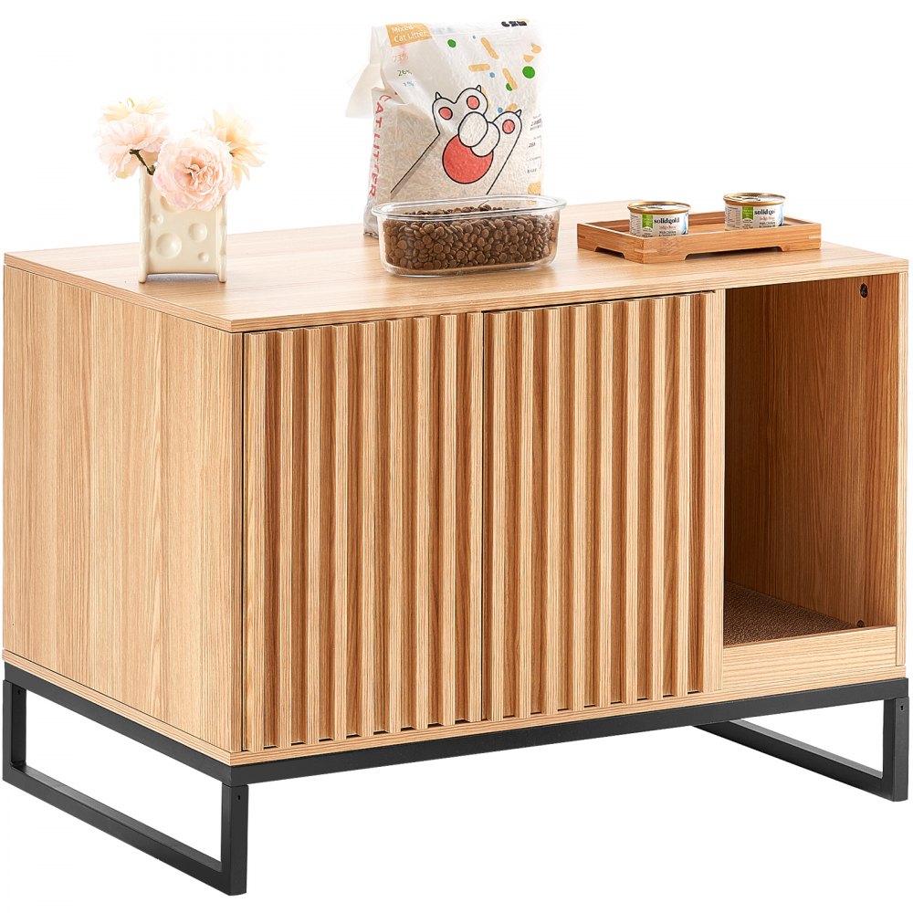 VEVOR Cat Litter Box Enclosure, Hidden Litter Box Furniture, Wooden Cat Washroom Indoor with 2 Doors & Study Metal Legs, Cat House Cabinet Hidden Fit Most of Litter Box, 31.5"L x 20"W x 22"H, Natural