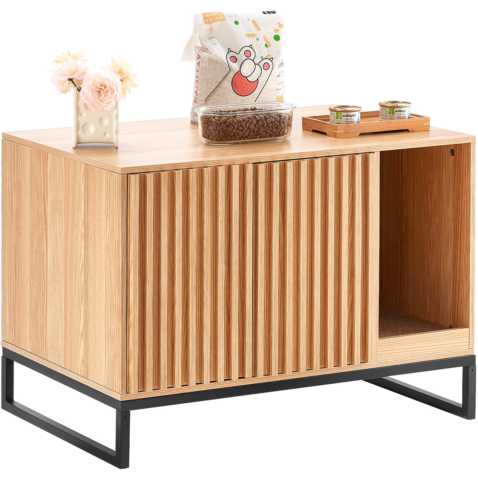 VEVOR Cat Litter Box Enclosure, Hidden Litter Box Furniture, Wooden Cat Washroom Indoor with 2 Doors & Study Metal Legs, Cat House Cabinet Hidden Fit Most of Litter Box, 31.5"L x 20"W x 22"H, Natural
