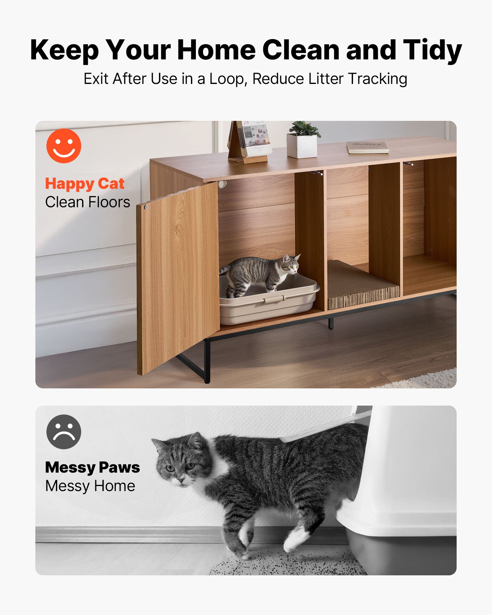 VEVOR Kattenkast, 1200x450x665 mm, Kattenbak met krabpaal en opbergruimte, Kattenbakkast, Kattenhuis, Past op de meeste kattenbakken, voor slaapkamer en woonkamer