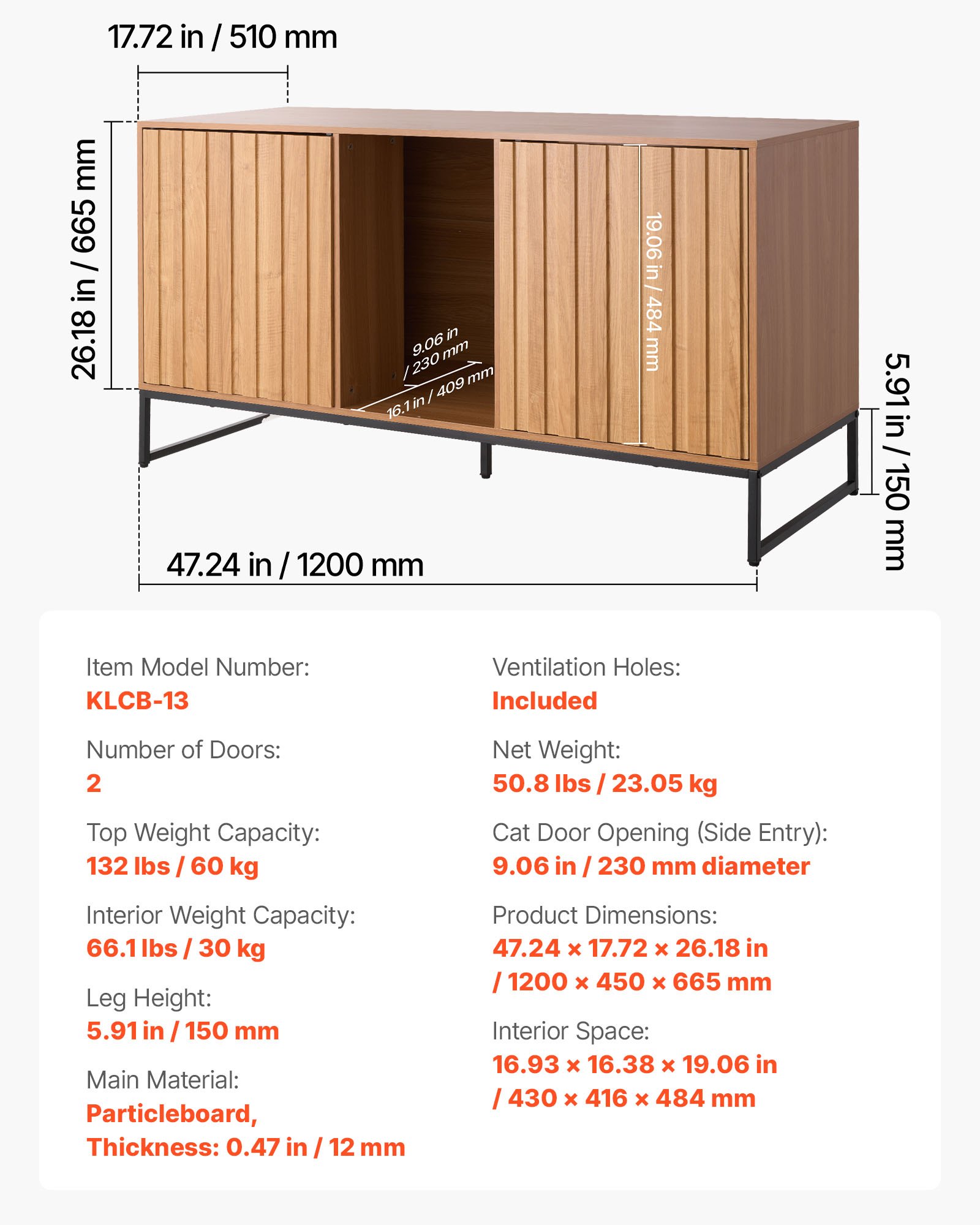 VEVOR Kattenkast, 1200x450x665 mm, Kattenbak met krabpaal en opbergruimte, Kattenbakkast, Kattenhuis, Past op de meeste kattenbakken, voor slaapkamer en woonkamer