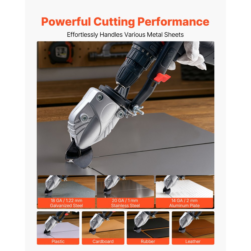 VEVOR Metal Shear/Cutter Drill Attachment, Sheet Metal Cutter with 360-Degree Pivoting Head, Sharp Blades,Ideal for 1.22 mm Galvanized Steel, 1 mm Stainless Steel, Aluminum Plate, Plastic, Cardboard