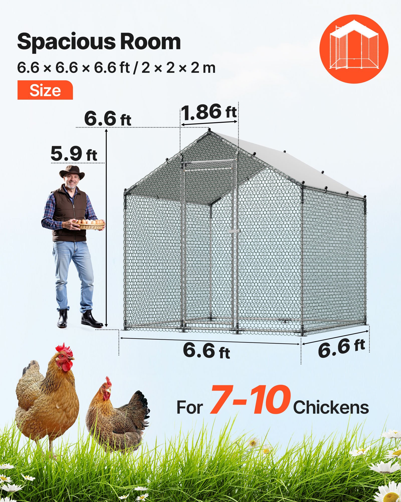 VEVOR Metal Chicken Coop, 6.56x6.56x6.56ft Large Walk-in Chicken Runs with Cover, Spire Roof Hen House Enclosure with Security Lock, Outdoor Duck Rabbit Cage Poultry Pen for Backyard, Farm, Yard