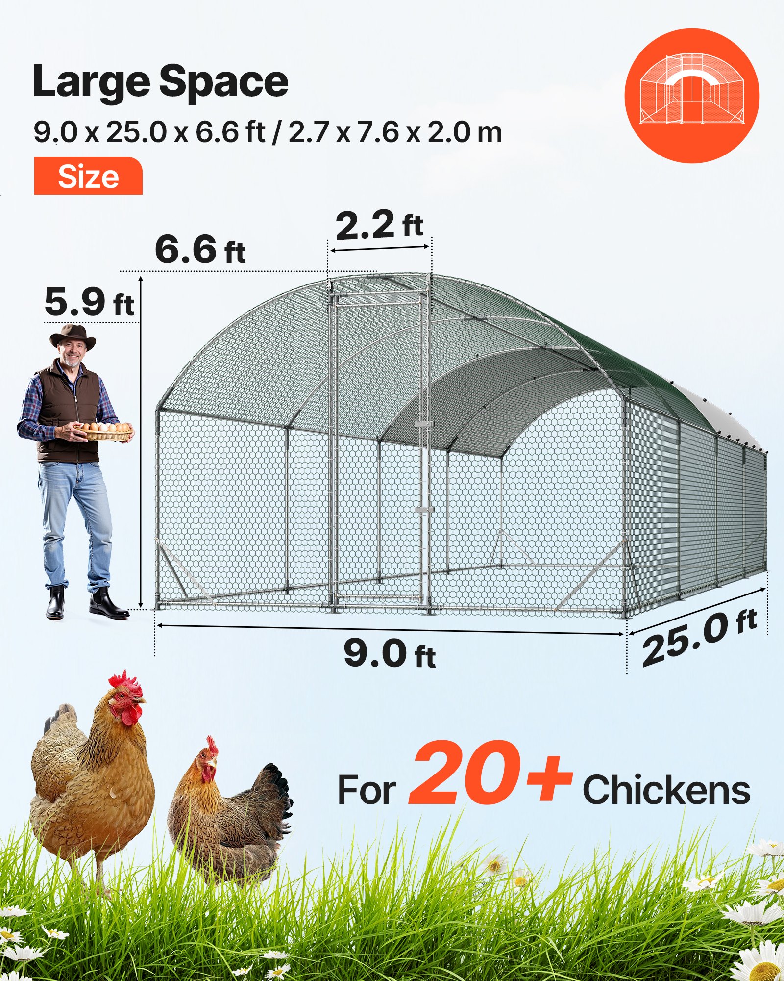 VEVOR Large Metal Chicken Coop, 2.7x7.6x2 m, Walk-in Chicken Run House with Waterproof Cover & Sturdy Frame, Dome Roof Poultry Cage Duck Pen for Rabbit Hen Goose Outdoor Backyard Farm Use