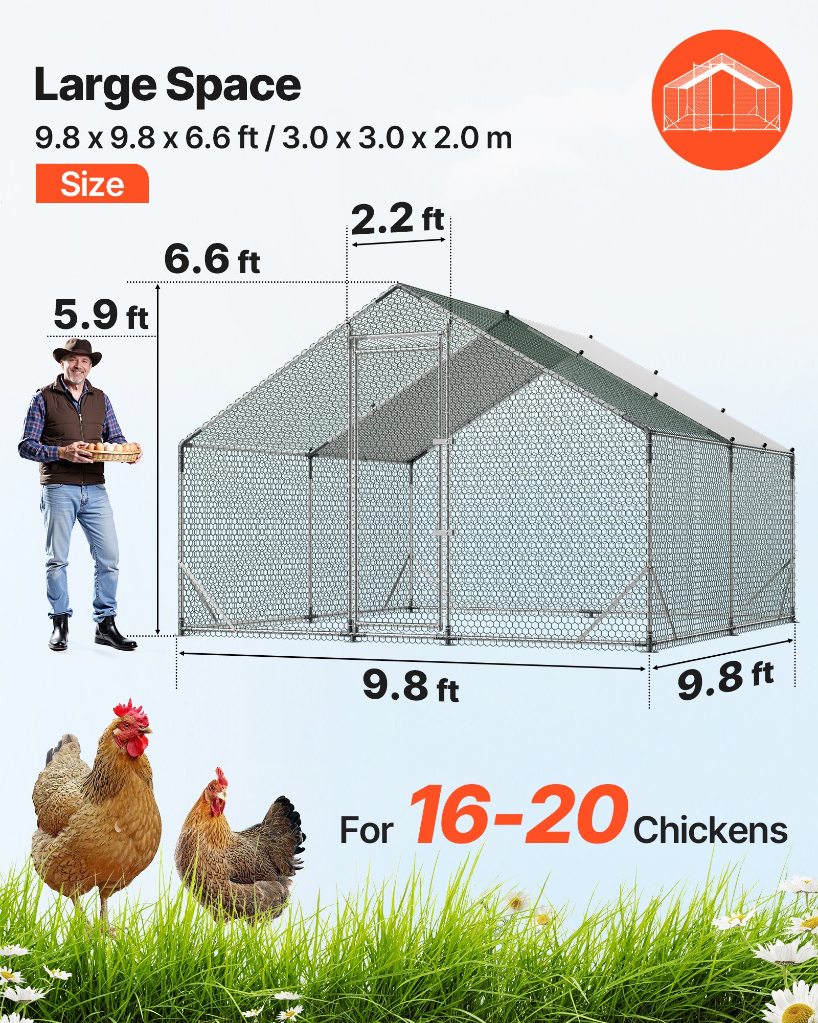 VEVOR Kippenhok, 3x3x2 m, Inloopren voor kippen met waterdichte afdekking en stevig frame, Pluimveekooi met schuin dak, Buitenren, Pluimveehok voor konijnen, kippen en ganzen