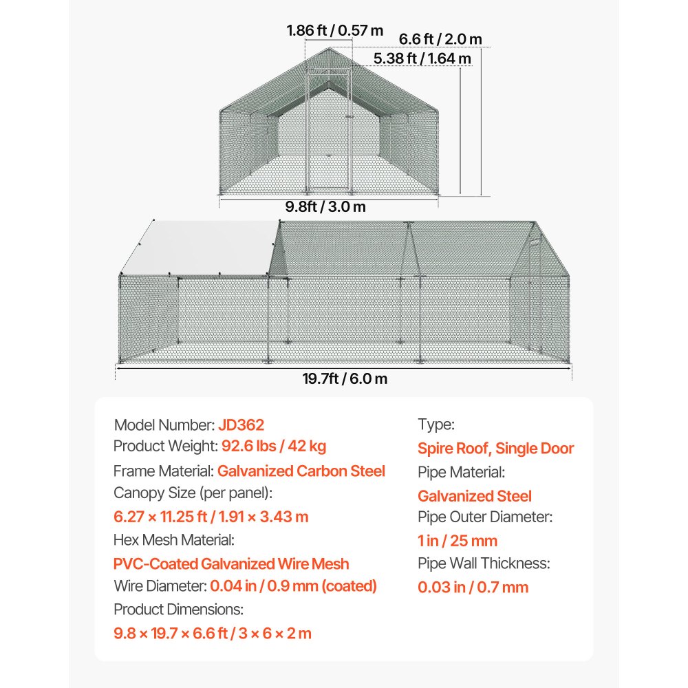 VEVOR metalen kippenhok, 3x6x2 m, inloopren met overkapping, kippenhok met torendak en veiligheidsslot, eenden- en konijnenhok, pluimveeverblijf voor achtertuin, boerderij, erf