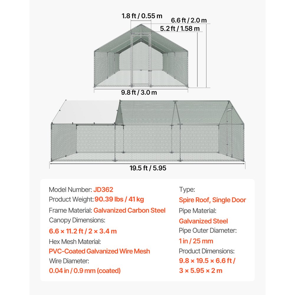 VEVOR metalen kippenhok 3x5,95x2m, inloopren met overkapping, kippenhok met torendak en veiligheidsslot, eenden- en konijnenhok, pluimveeverblijf voor achtertuin, boerderij of erf