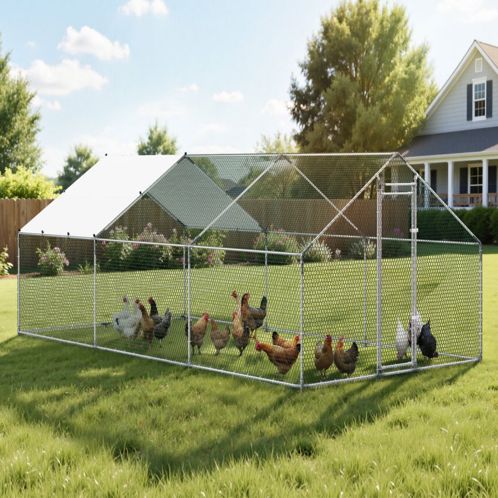 VEVOR metalen kippenhok 3x5,95x2m, inloopren met overkapping, kippenhok met torendak en veiligheidsslot, eenden- en konijnenhok, pluimveeverblijf voor achtertuin, boerderij of erf