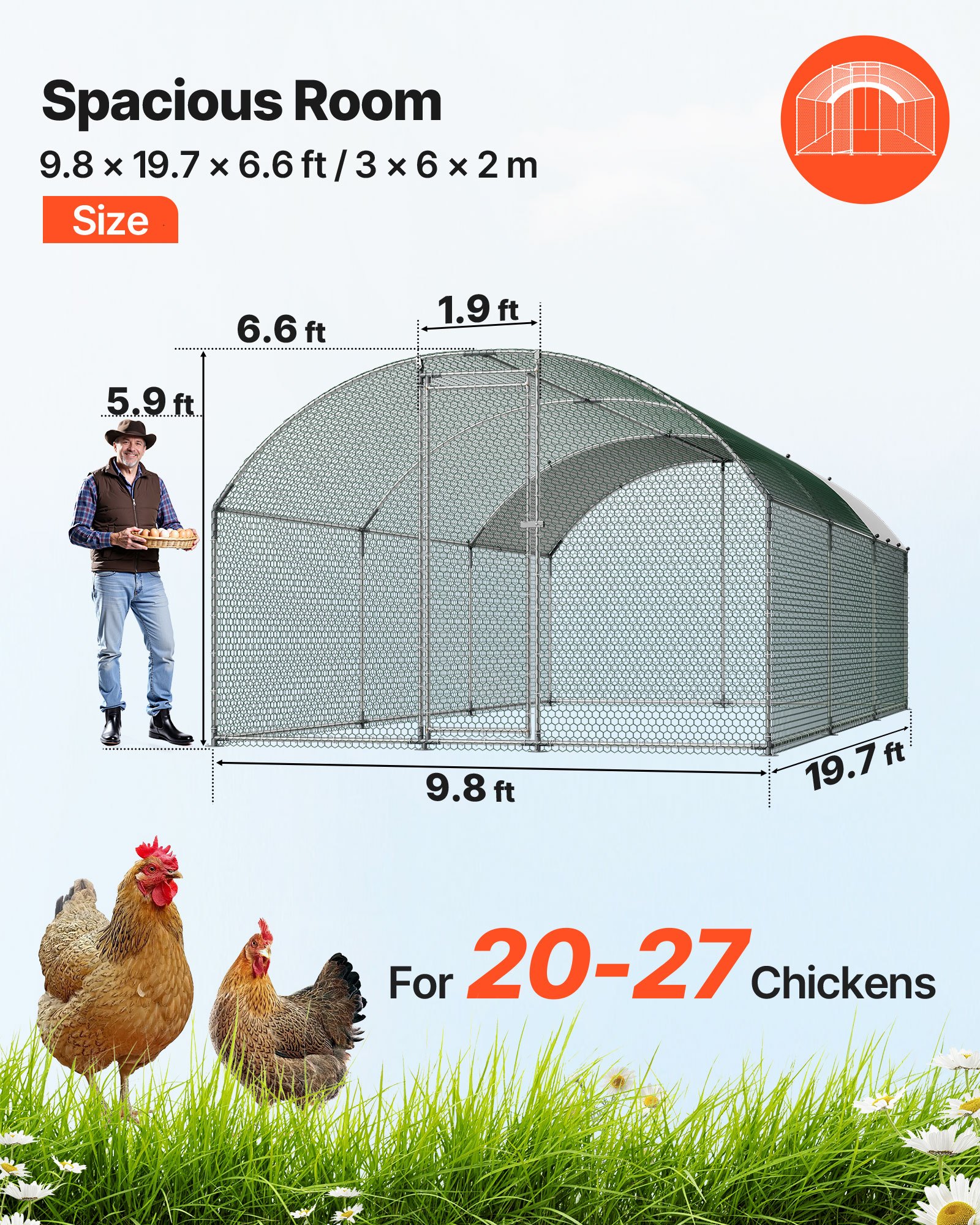 VEVOR kippenhok, 3x6x2 m, inloopren met overkapping, kippenhok met dubbel dak en veiligheidsslot, eenden- en konijnenhok, pluimveeverblijf voor achtertuin, boerderij, erf
