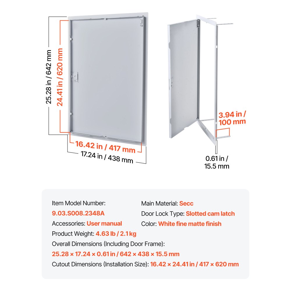VEVOR inspectieluik voor gipsplaatconstructies, 642 x 438 mm, gegalvaniseerde stalen inspectiedeur met sleufslot, onderhoudsluik voor plafondmontage (sanitair & elektra), installatieafmetingen 417 x 620 mm.