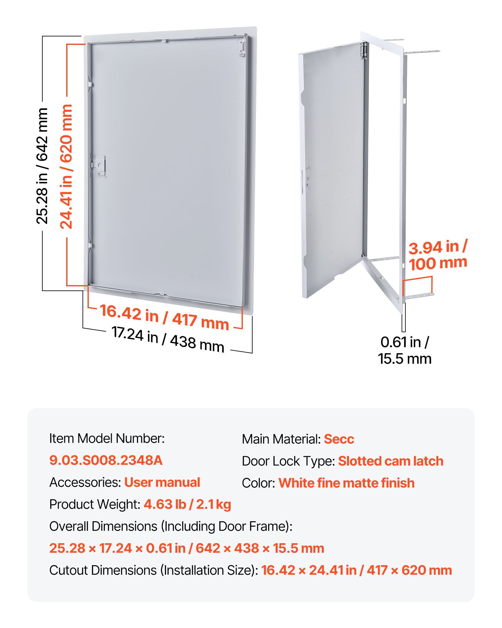 VEVOR inspectieluik voor gipsplaatconstructies, 642 x 438 mm, gegalvaniseerde stalen inspectiedeur met sleufslot, onderhoudsluik voor plafondmontage (sanitair & elektra), installatieafmetingen 417 x 620 mm.