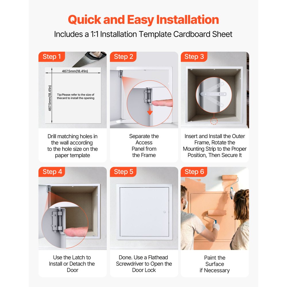 VEVOR inspectieluik voor gipsplaatconstructies, 489x489 mm, gegalvaniseerde stalen inspectiedeur met sleufslot, onderhoudsluik voor plafondmontage (sanitair & elektra), installatieafmetingen 467,5x467,5 mm, inspectieluik