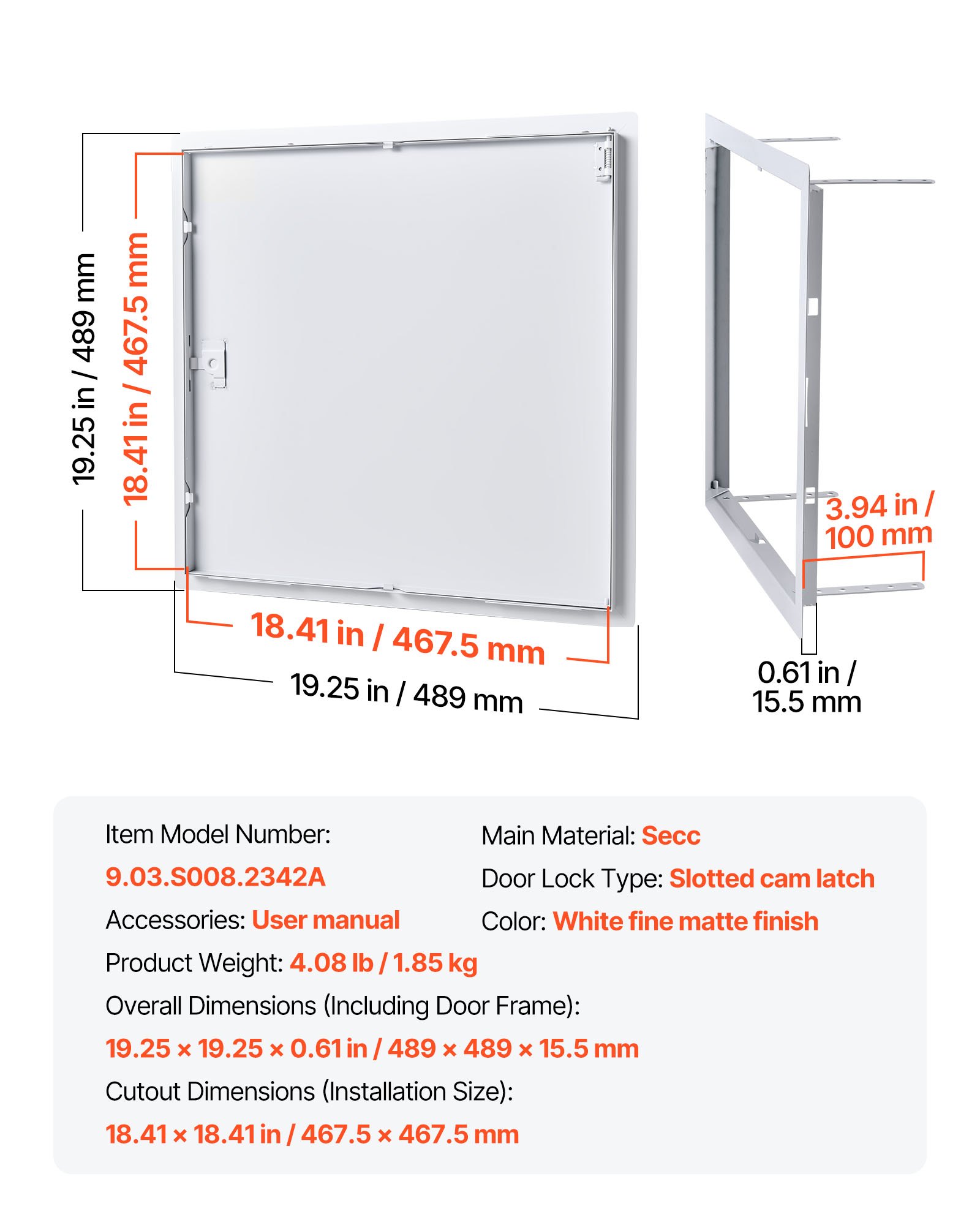 VEVOR inspectieluik voor gipsplaatconstructies, 489x489 mm, gegalvaniseerde stalen inspectiedeur met sleufslot, onderhoudsluik voor plafondmontage (sanitair & elektra), installatieafmetingen 467,5x467,5 mm, inspectieluik