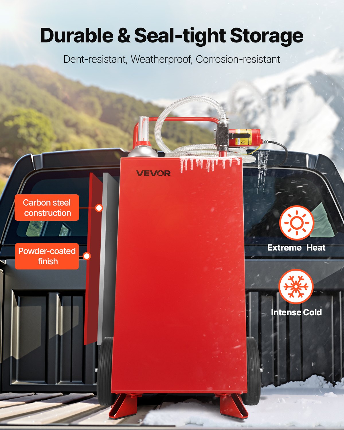 VEVOR 114L brandstoftrolley, max. debiet 32 ​​l/min, dieseltank met elektrische pomp, benzinetank met 2 wielen en 3 m slang, benzinetank voor ATV, auto, grasmaaier, boot, motorfiets, rood