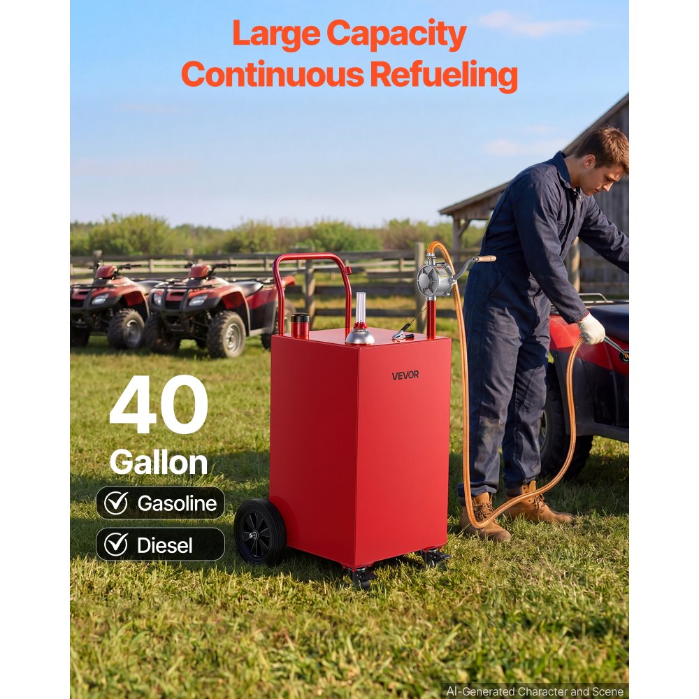 VEVOR 151,4L Brandstoftrolley Mobiel Tanksysteem met Handpomp, Rood, Draagbare Brandstoftank voor Auto, Boot, ATV, Motorfiets, met 4 Wielen & Oliepeilindicator, Voor Benzine & Diesel, Koolstofstaal