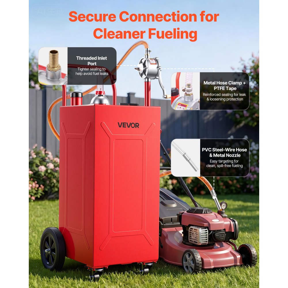 VEVOR 132,5L Brandstoftrolley Mobiel Tanksysteem met Handpomp, Rood, Draagbare Brandstoftank voor Auto's, Grasmaaiers, ATV's, Met 4 Wielen & Oliepeilindicator, Voor Benzine & Diesel, Koolstofstaal